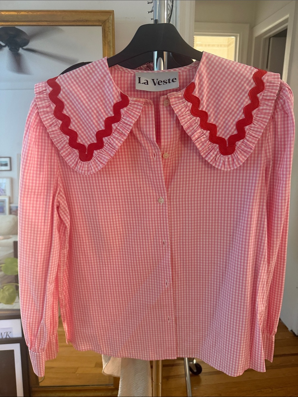 La Veste Pink Gingham Button-Up Blouse with Red Trim Collar